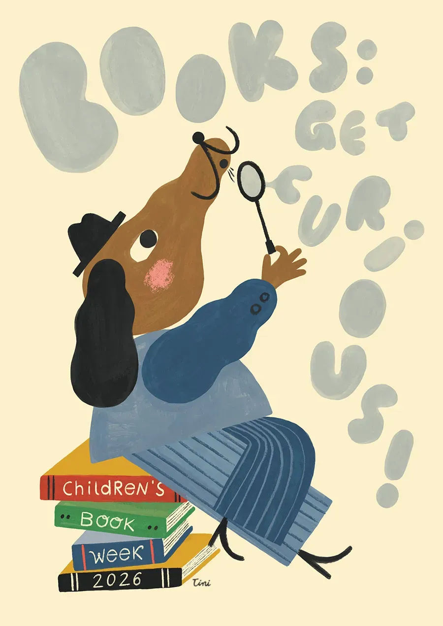 Whimsical illustration of a dog sitting on a stack of books — Children's Book Week 2026 artwork by Tini Malina