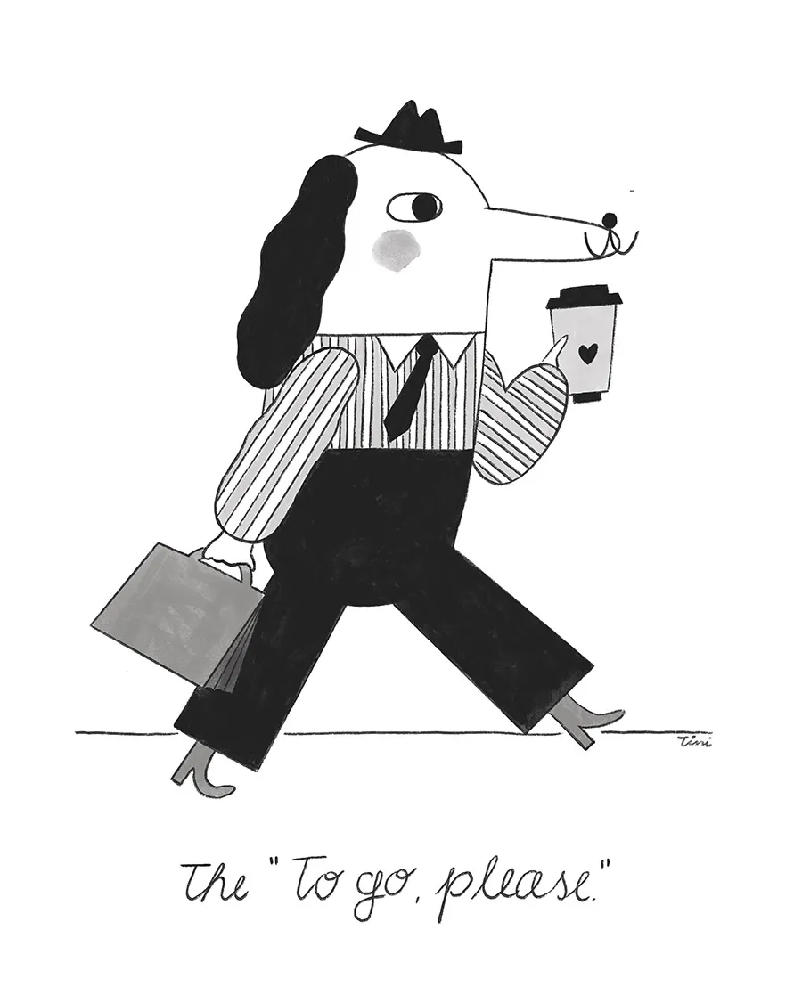 Illustrated dog walking with a takeaway coffee — whimsical character illustration by Tini Malina