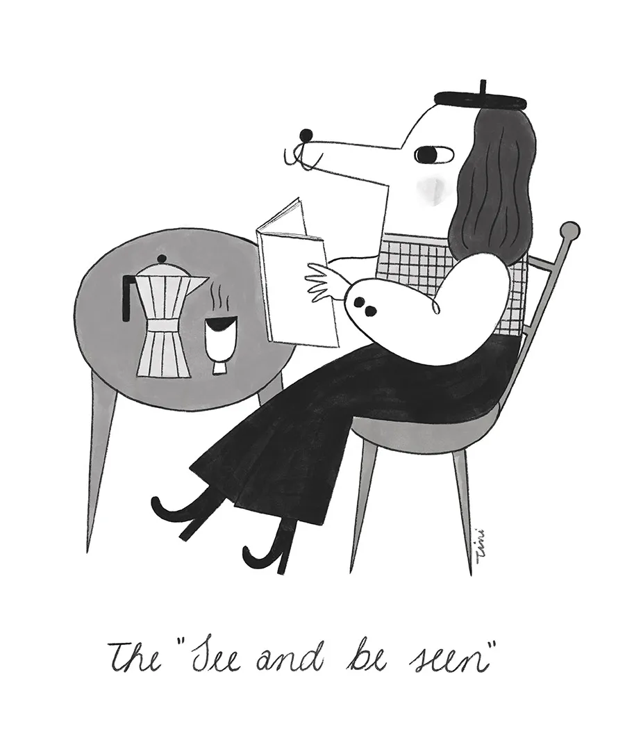 Dog reading a book and drinking coffee — cozy character illustration by Tini Malina