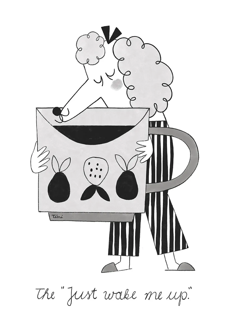 Sleepy dog with a cup of coffee — cozy character illustration by Tini Malina