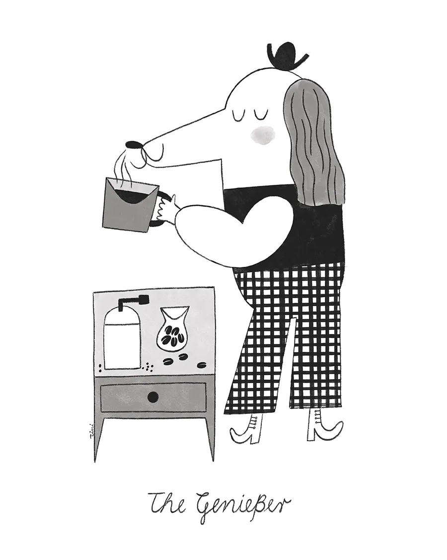 Dog smelling freshly brewed coffee — whimsical illustration by Tini Malina