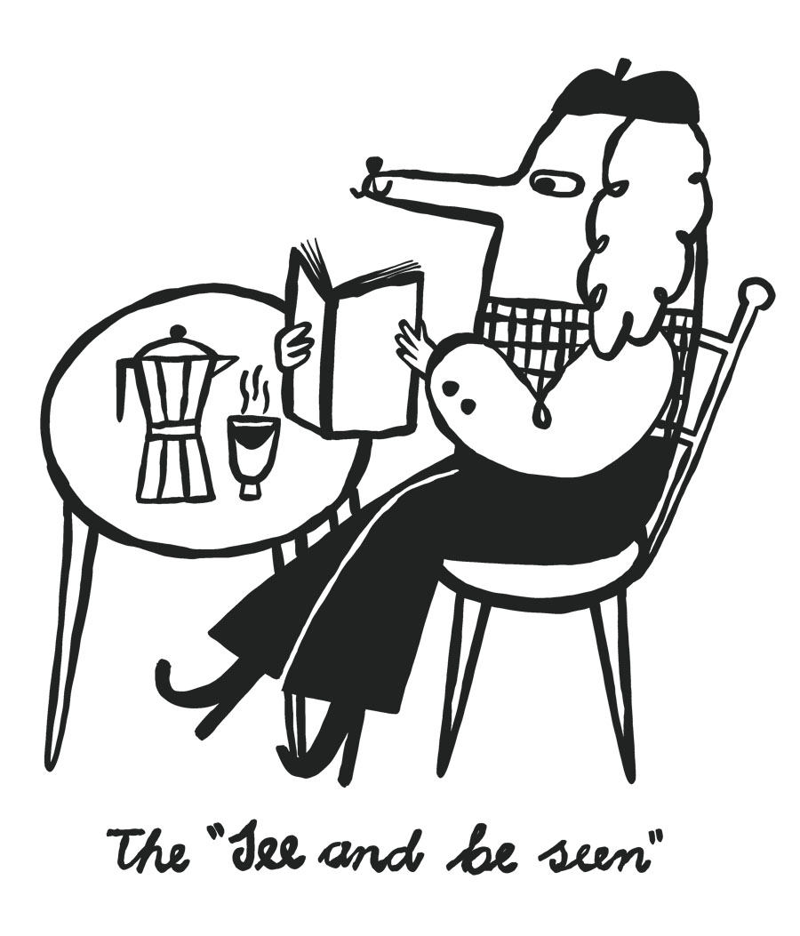 Dog reading and drinking coffee