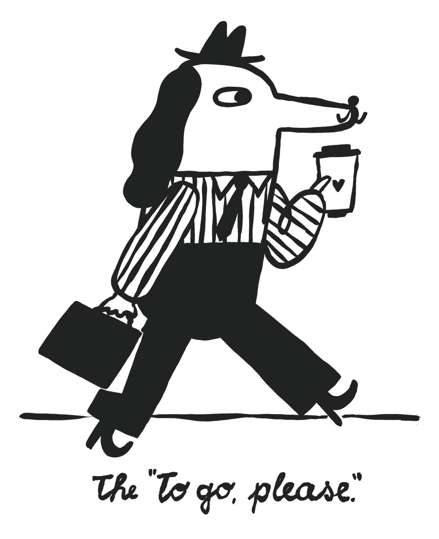 dog walking with a coffee