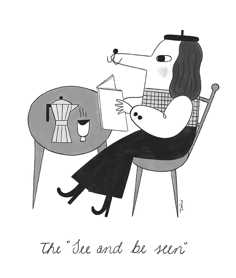 Dog reading and drinking coffee