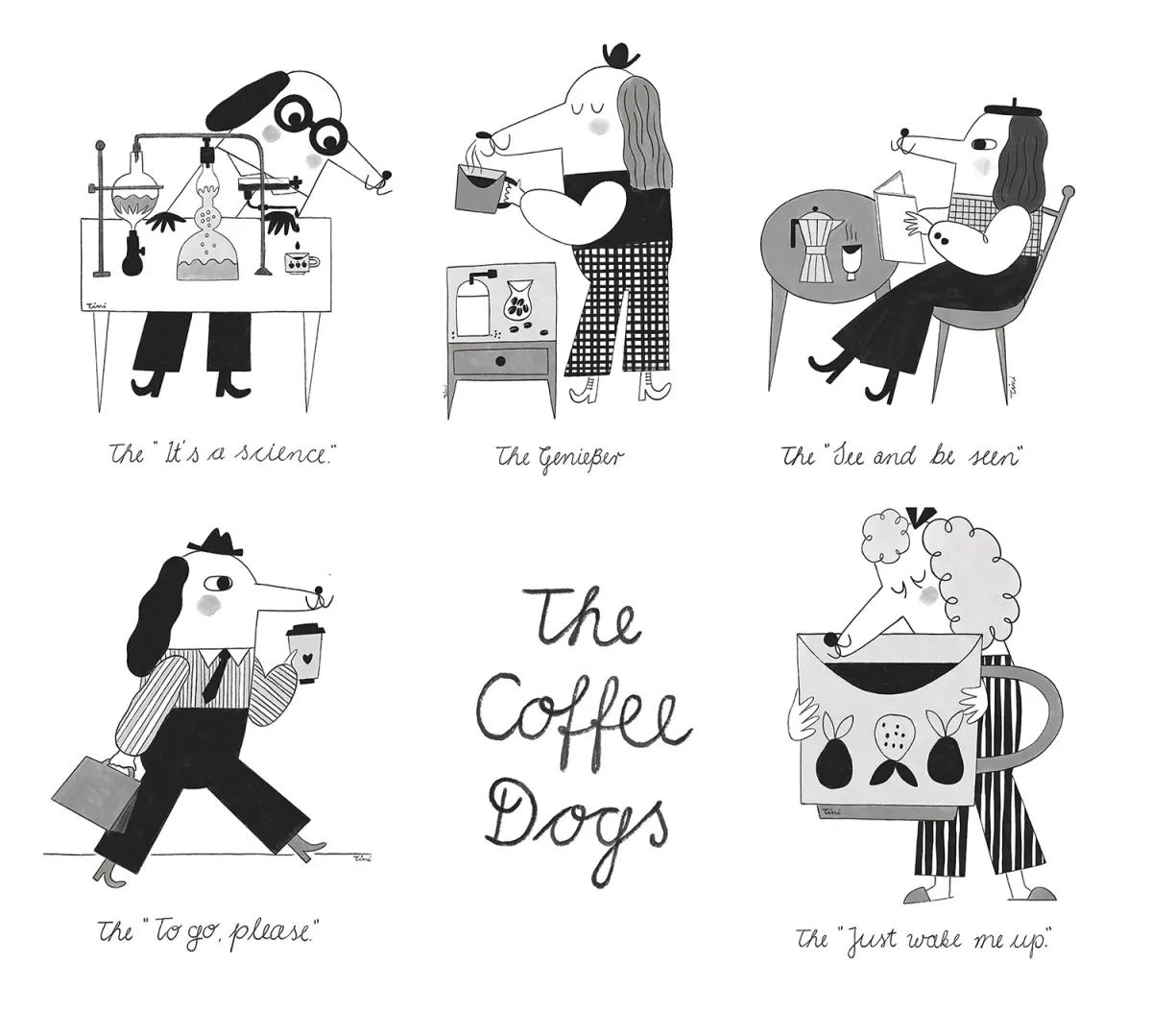 Illustrated dogs drinking coffee together — Coffee Dogs series by Tini Malina