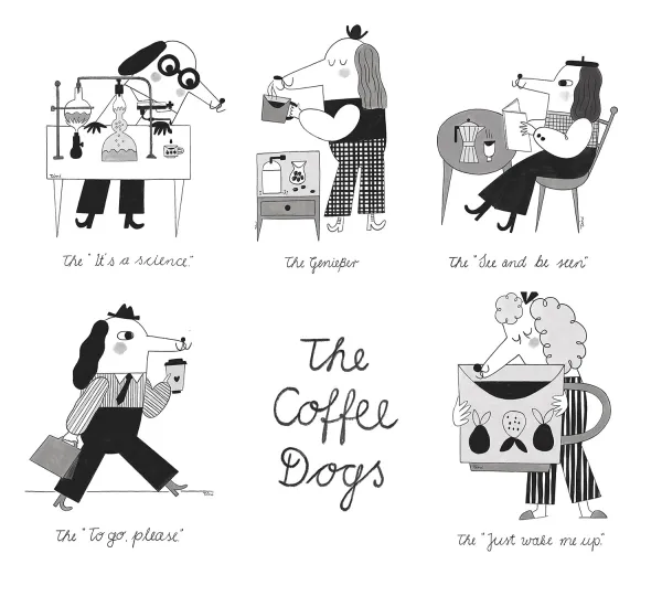 Illustrated dogs drinking coffee together — Coffee Dogs series by Tini Malina