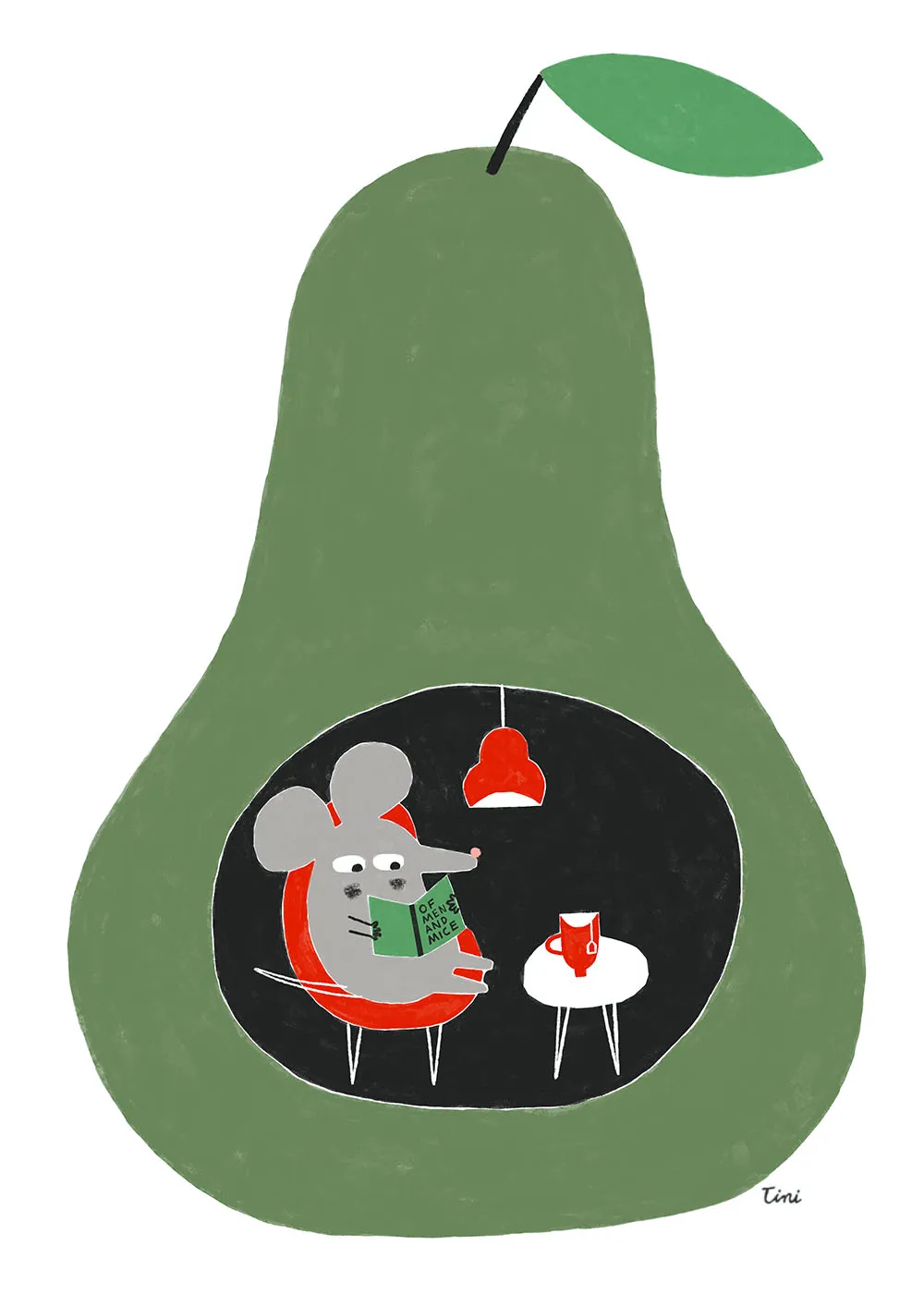 Mouse inside a pear reading a book — whimsical illustration by Tini Malina