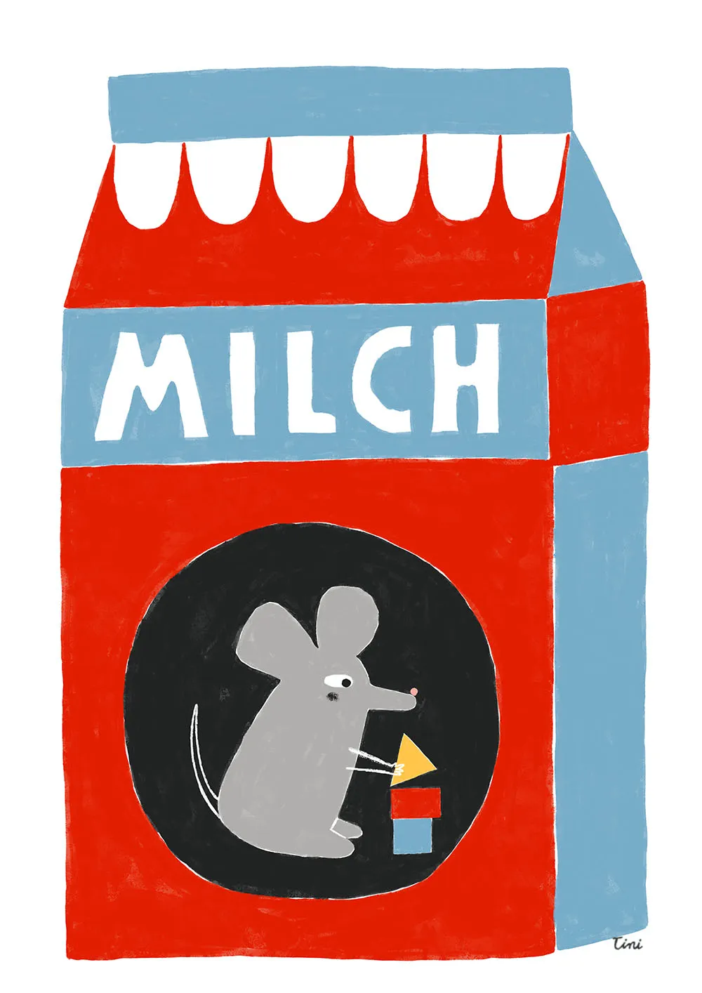 Mouse inside a milk carton playing with bricks — whimsical illustration by Tini Malina