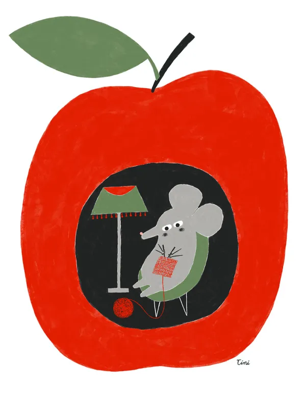 Mouse inside an apple knitting — whimsical illustration by Tini Malina