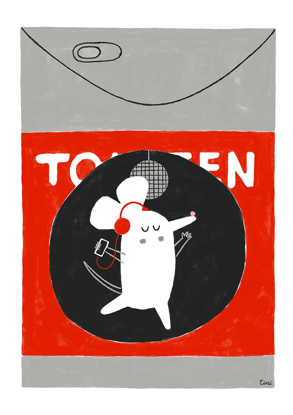 Mouse inside a can dancing — whimsical illustration by Tini Malina