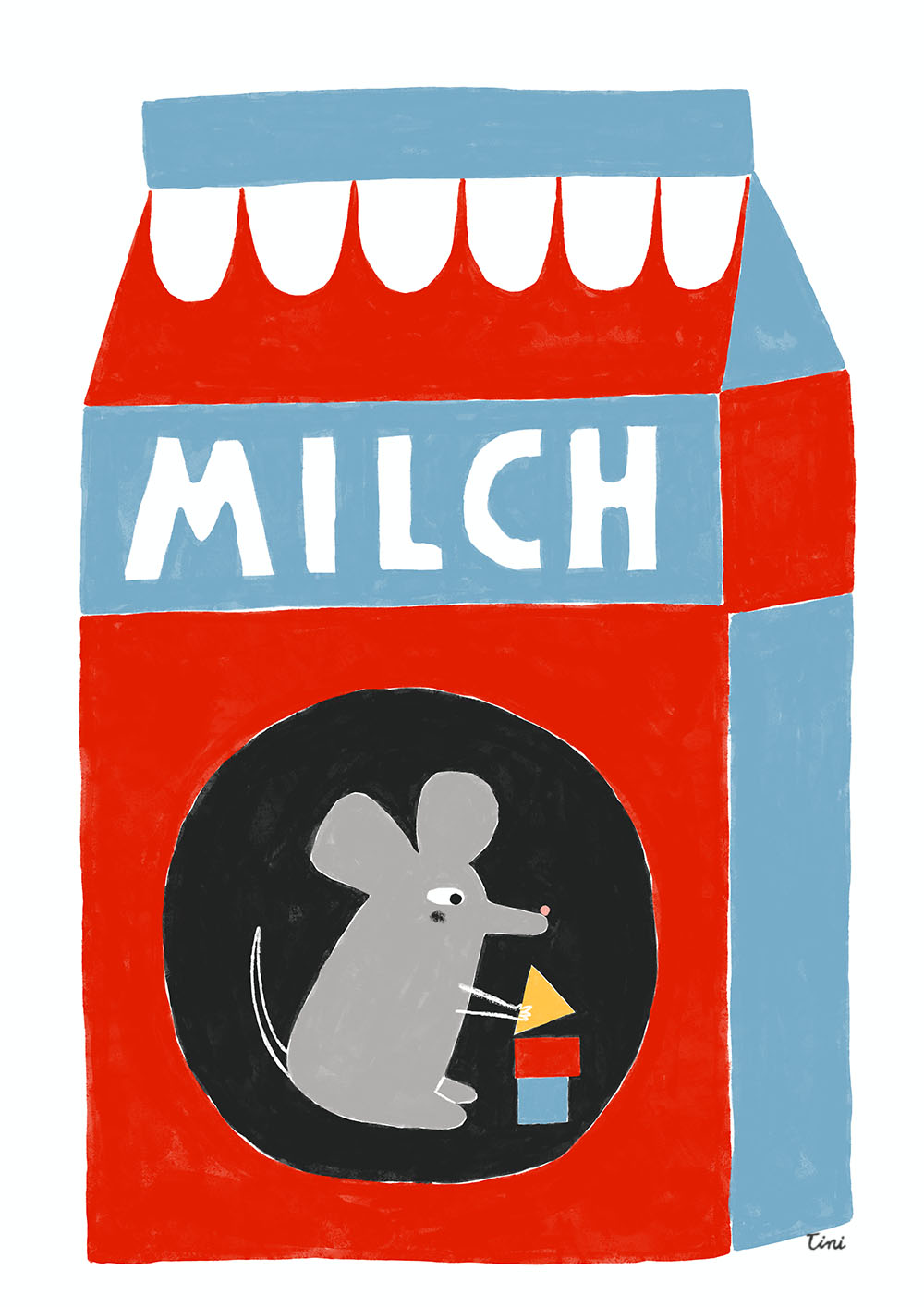 Mouse inside a milk carton playing with bricks