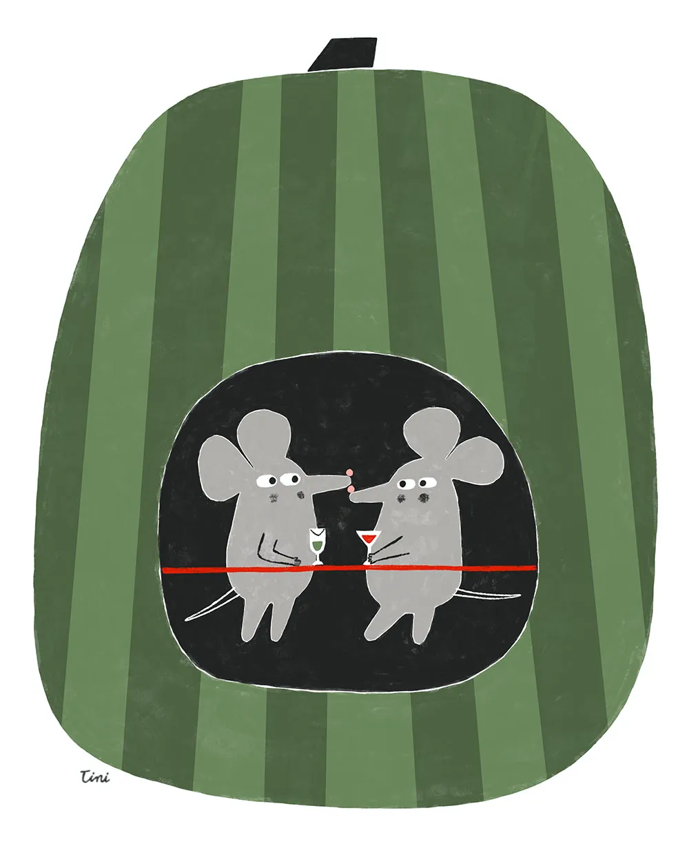 Mice inside a melon having a chat — whimsical illustration by Tini Malina