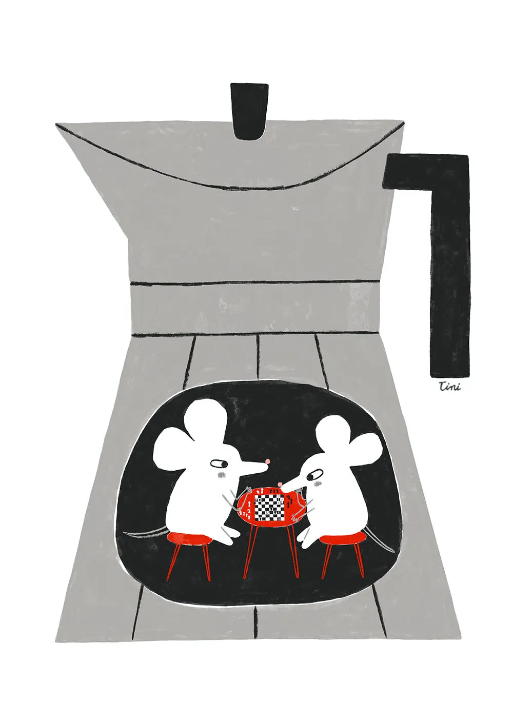 Mice inside an espresso can playing chess — whimsical illustration by Tini Malina
