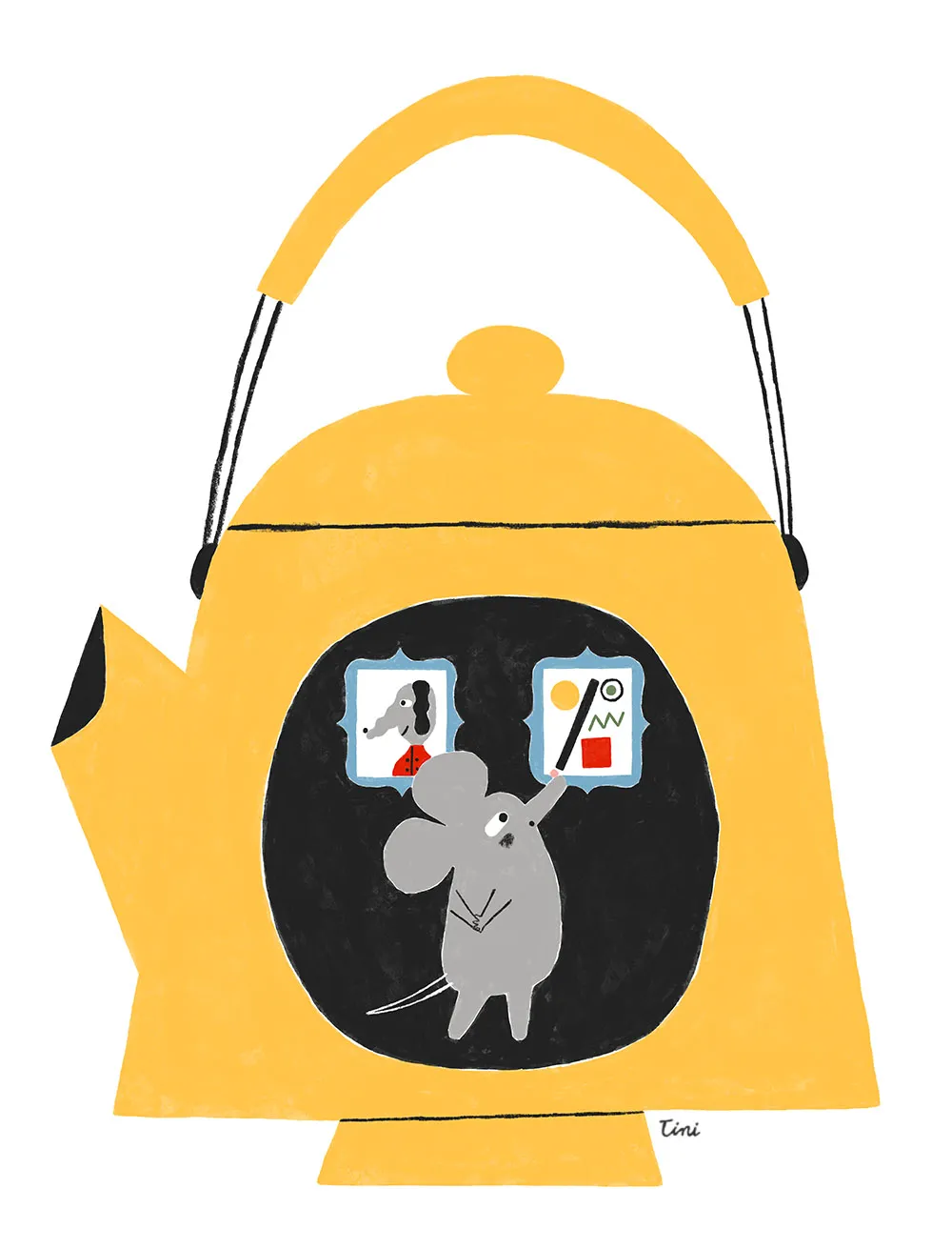 Mouse inside a teapot looking at art — whimsical illustration by Tini Malina