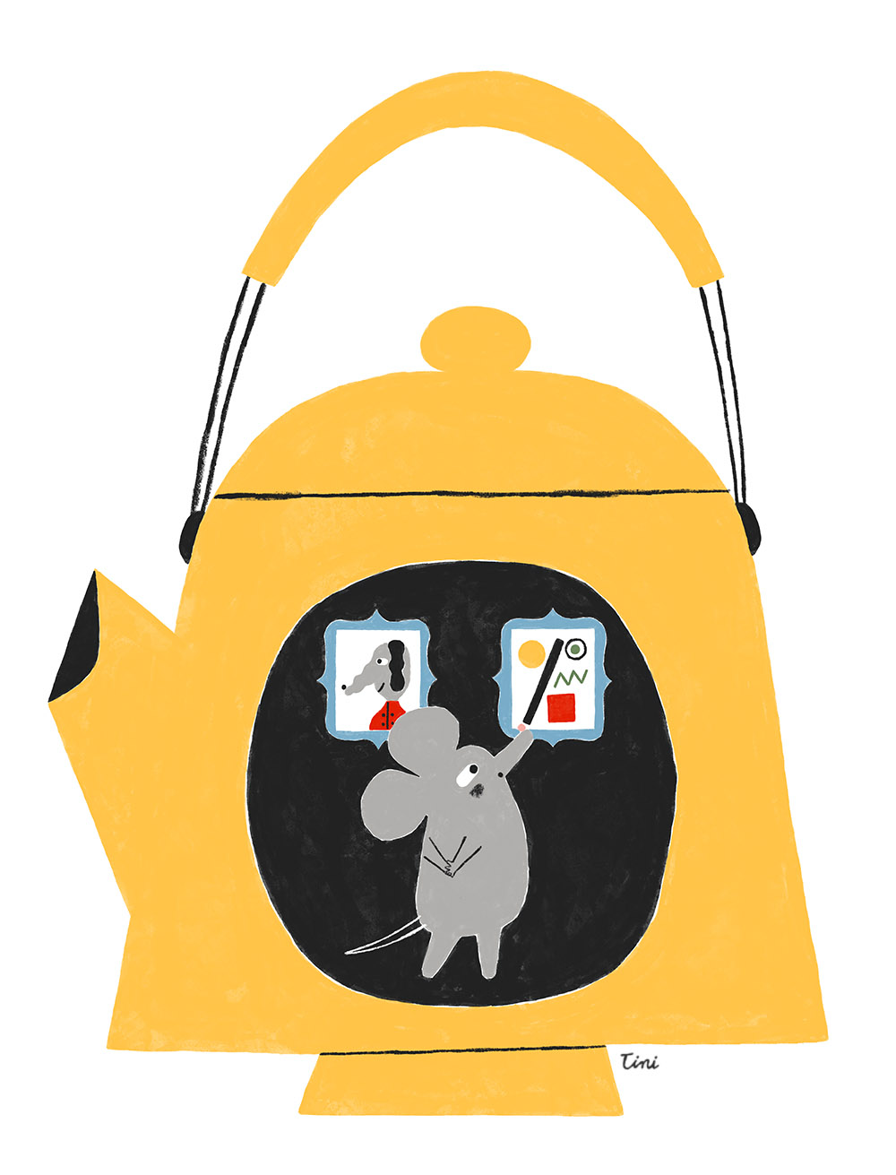 Mouse inside a teapot looking at art