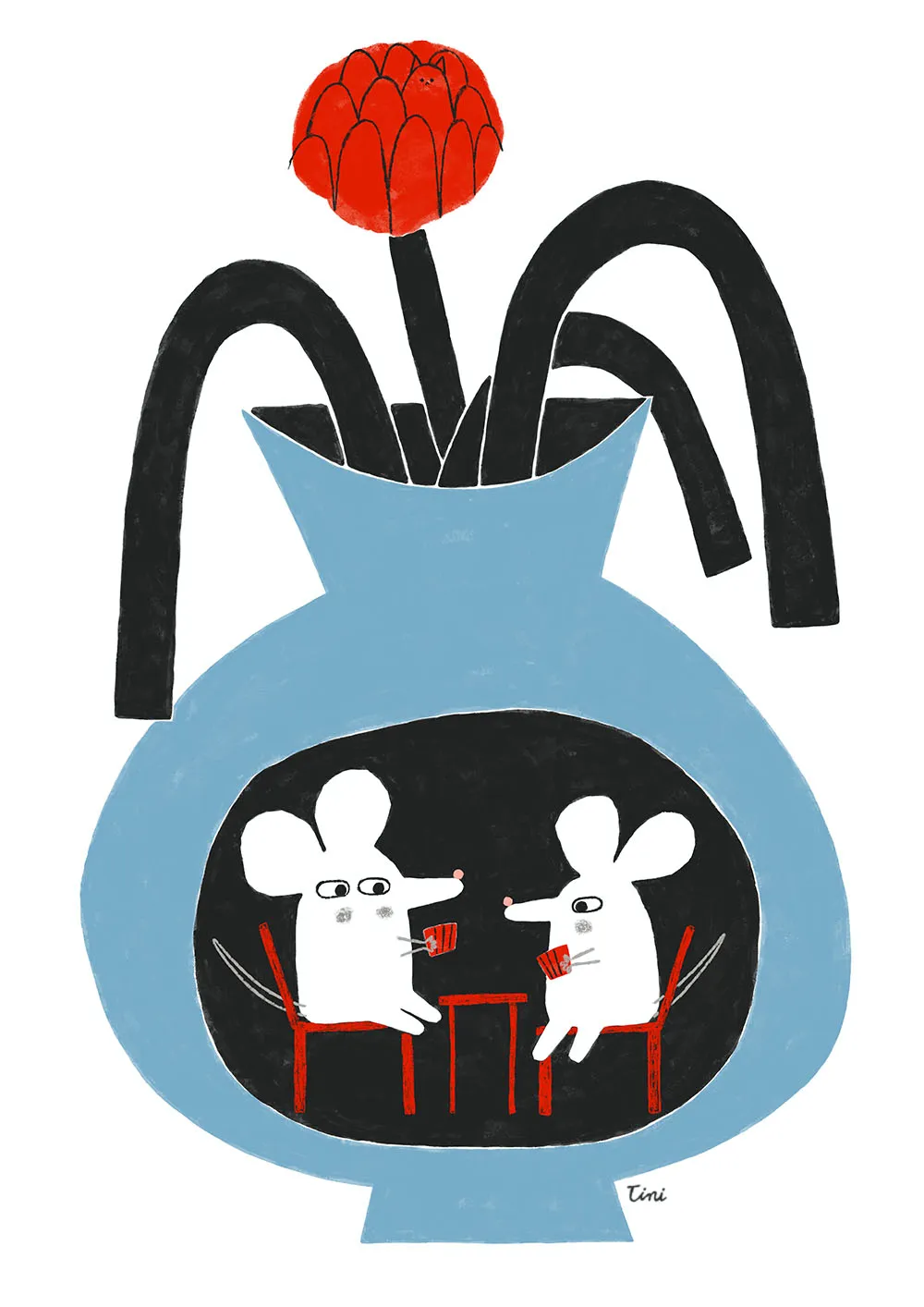 Mice inside a vase playing poker — whimsical illustration by Tini Malina