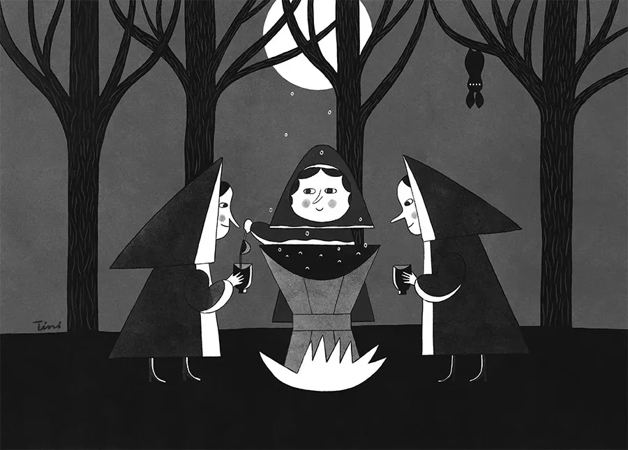 Witches brewing coffee — spooky whimsical illustration by Tini Malina