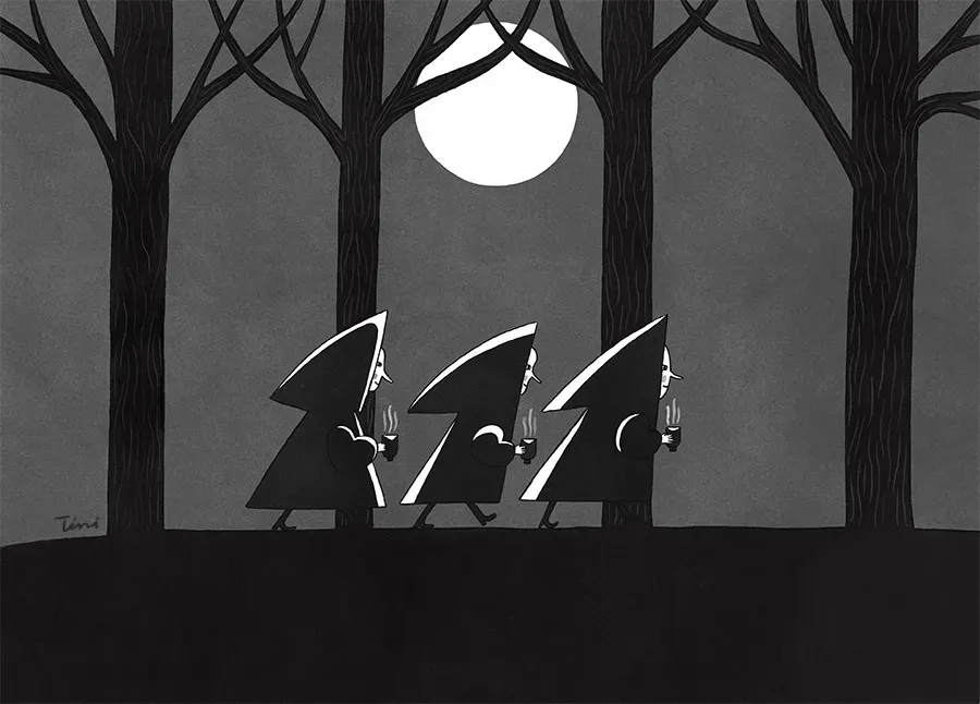 Witches carrying coffee cups — The Coffee Coven illustration by Tini Malina