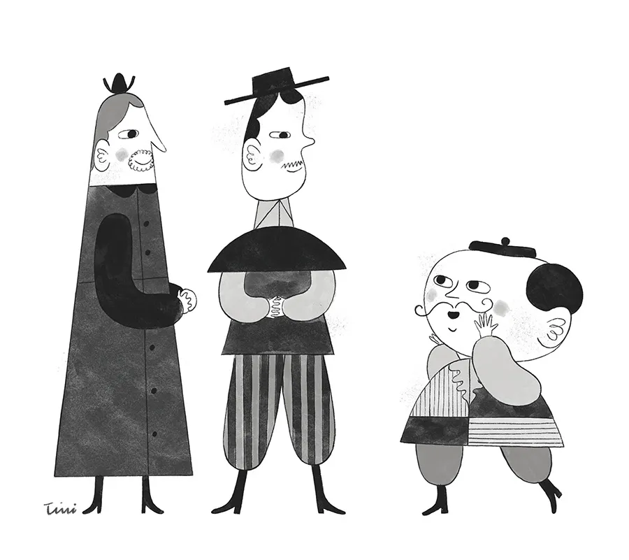 Black and white ink illustration of the Emperor — character study by Tini Malina