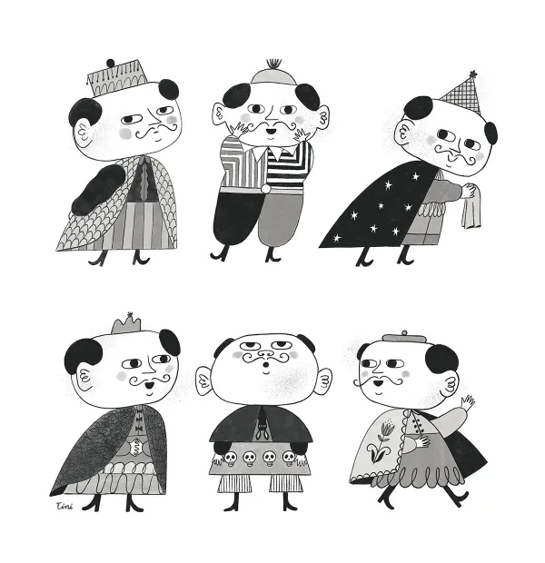 Ink sketches for the Emperor's New Clothes — black and white children's book illustration by Tini Malina