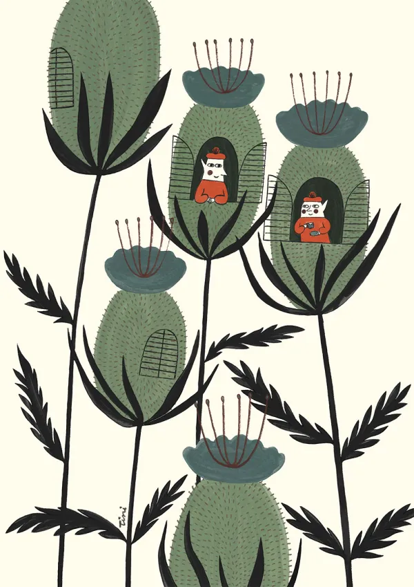Whimsical thistle houses illustration — tiny fantasy town by Tini Malina