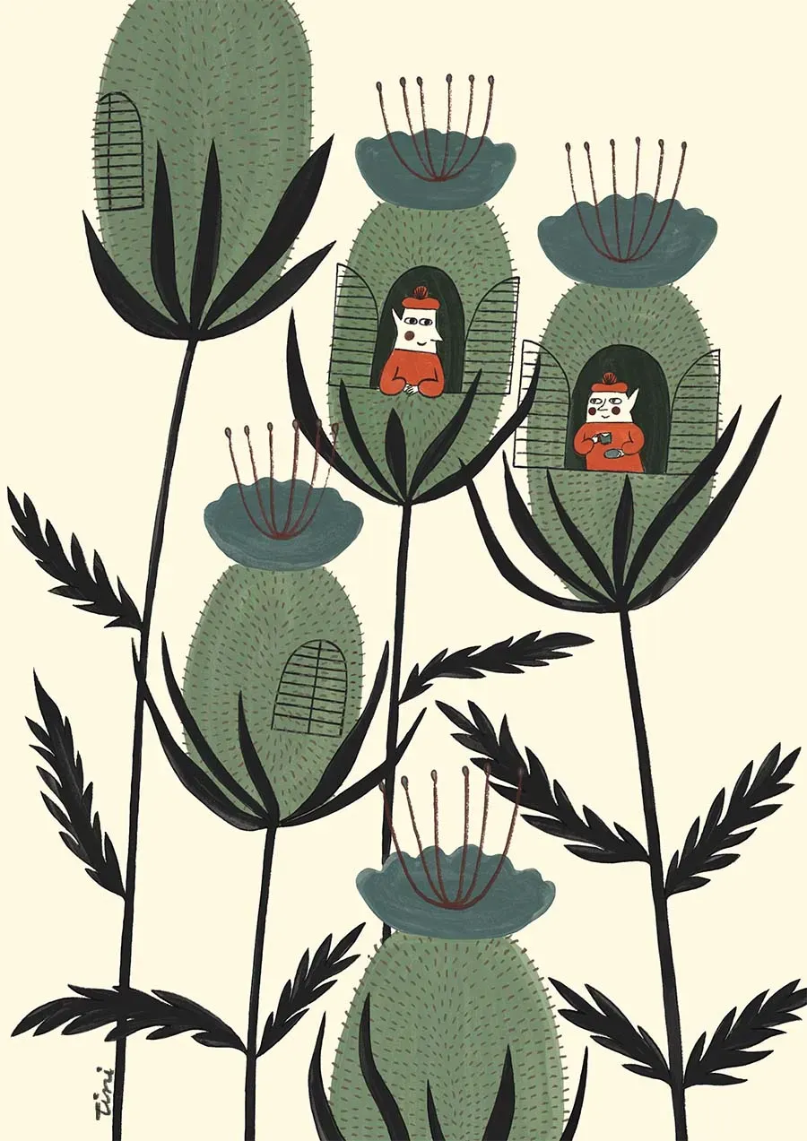 Whimsical thistle houses illustration — tiny fantasy town by Tini Malina