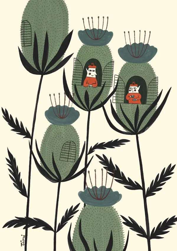 Whimsical thistle houses illustration — tiny fantasy town by Tini Malina